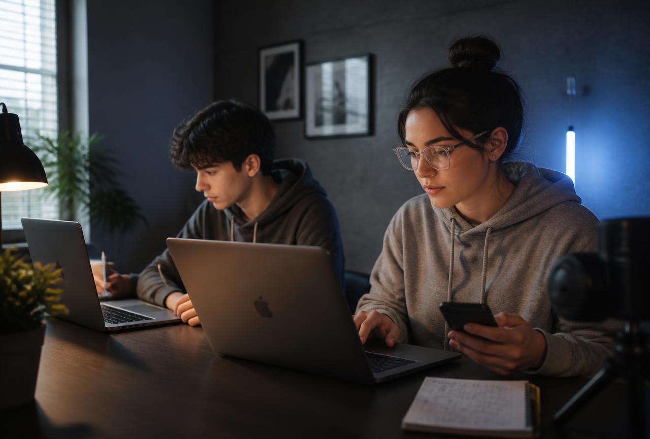 Estudante e criadora de conteúdo usando notebook e celular com ferramentas de IA
